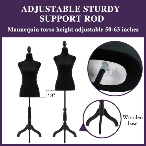 Miniatura 5 de Base de trípode de madera, maniquí femenino, forma de torso de 50 a 63 pulgadas para mujeres de exhibición, altura ajustable para coser, cuerpo