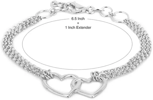 Miniatura 4 de Vanbelle Pulsera de plata de ley 925 chapada en rodio con doble corazón y cadena múltiple para mujeres y niñas, Metal