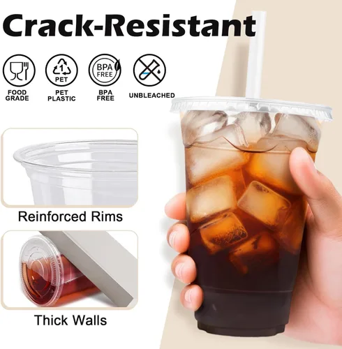 Miniatura 3 de Lamosi Paquete de 100 vasos de plástico transparente de 16 onzas con tapas y pajitas, tazas de café de plástico desechables con tapas para café