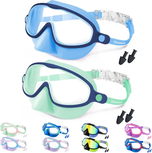 Miniatura 14 de Vvinca Gafas de natación con cubierta para la nariz, paquete de 2 máscaras de buceo de visión amplia, antivaho, UV, sin fugas, gafas de natación