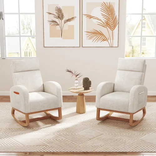 Miniatura 9 de Giantex Mecedora para guardería, silla mecedora tapizada de felpilla con bolsillo lateral, marco de madera de goma natural, respaldo alto, sillón