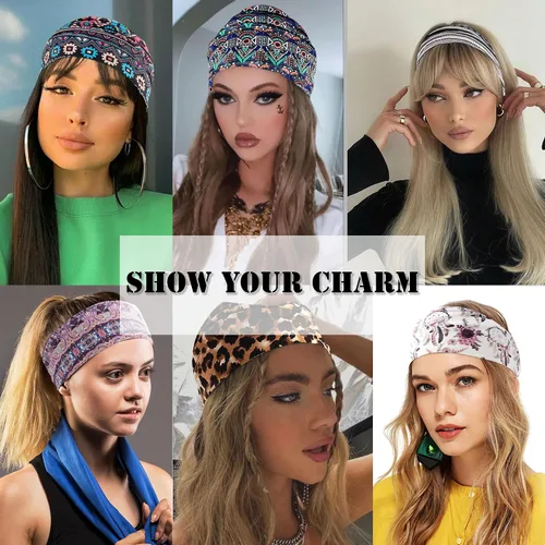 Miniatura 7 de FULZTEY Diademas bohemias para mujer, elegantes diademas con estampado floral, turbante de nudo ancho, elástico, para yoga, correr, entrenamiento