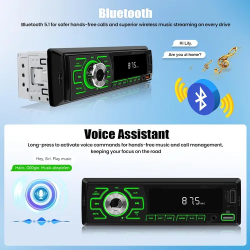 Miniatura 6 de SIXWIN - Radio para coche de un solo DIN, estéreo Bluetooth, receptor de audio multimedia para coche con control de voz, entrada AUX/USB/TF, control