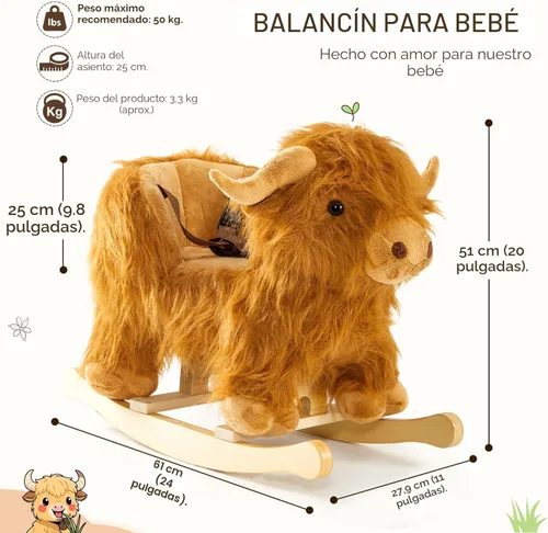 Miniatura 3 de Caballo mecedora bebé, caballo de madera de ganado Highlander para niños de 1 año lindo vaca de peluche suave cabalgadura juguete mecedora animal