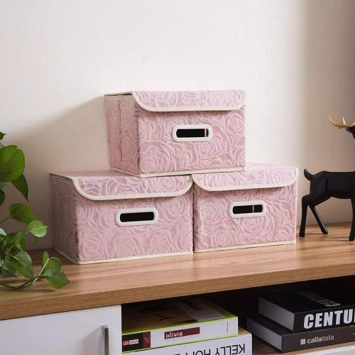 Miniatura 3 de PRANDOM Cajas de Almacenamiento Plegables con Tapas Cubos de Almacenamiento Decorativos de Tela Organizadores Contenedores Cestas con Tapa Asas Rosa