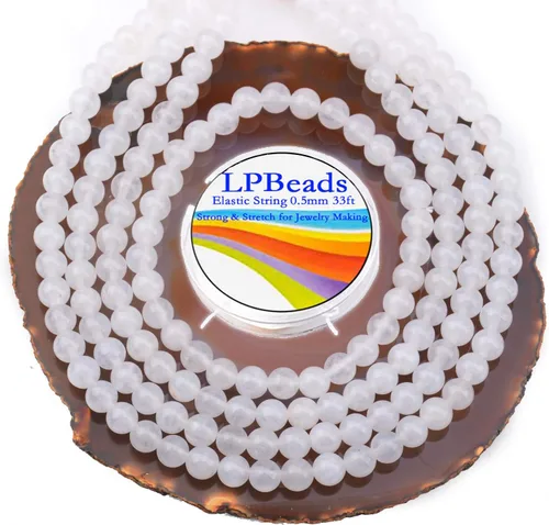 LPBeads 200 piezas cuentas sueltas y redondas de jade blanco natural (piedra preciosa) de 6mm, pulidas, con cordón elástico para hacer joyas, Jade