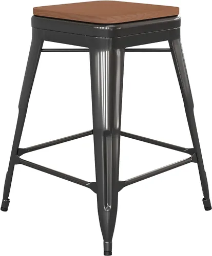 Miniatura 14 de Flash Furniture Kai Taburete de grado comercial para interiores y exteriores, marco de metal negro, asiento de poliresina negra, 24 pulgadas