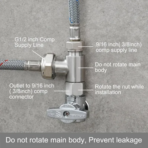 Miniatura 2 de Tecmolog 3-way 3/8" y 1/2" Adaptador de 3 vías Conector en T de acero inoxidable 3/8" Línea de agua T montaje níquel cepillado, 1 unidad, SBA020B