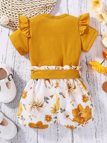 Miniatura 2 de WDIRARA Conjunto de 2 piezas de body de manga corta con volantes y pantalones cortos con cinturón floral para bebé niña