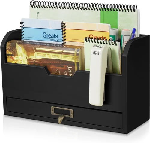 Flexzion Organizador de escritorio de 3 niveles de madera - Organizador de correo rústico de país, compartimentos de mostrador, bandeja de archivos,