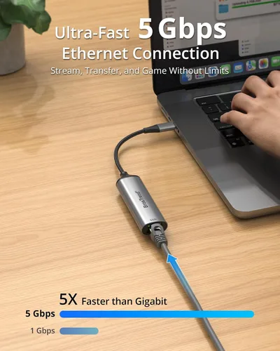 Miniatura 2 de BrosTrend Adaptador USB C a Ethernet de 5 Gb, adaptador de red Ethernet de aluminio a tipo C Plug & Play para Windows MacOS, etc., compatible