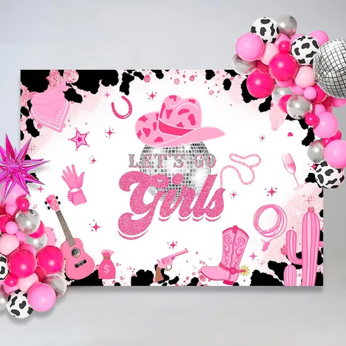 Miniatura 3 de Mocsicka Telón de fondo de disco de vaquera rosa con texto en inglés "Let's Go Girls", pancarta de cumpleaños para despedida de soltera, fin