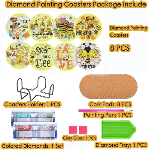 Miniatura 5 de TDOOW Posavasos de arte de diamante, 8 piezas de posavasos de pintura de diamante, kit de arte de diamantes de abeja para adultos, regalo