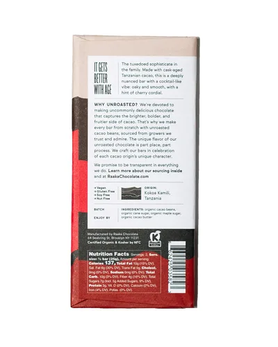Miniatura 9 de Raaka Chocolate Bourbon Cask Aged 82% Chocolate negro Regalo de chocolate negro gourmet Orgánico, vegano, sin soja, sin gluten, Kosher Barras