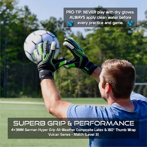 Miniatura 4 de Guantes de portero Renegade GK Vulcan con protección antimicrobiana (tallas 6-11, 4 estilos, nivel 3) Protectores de dedos Pro-Tek y agarre Hyper