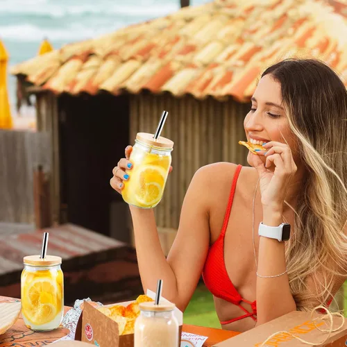 Miniatura 7 de Paquete de 3 tapas de bambú de boca regular con agujero para popote y popote compatible con tarro Mason, tapas de madera para tarros de boca regular