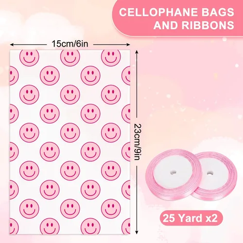Miniatura 2 de Whaline 100 bolsas de celofán con patrón de sonrisa rosa con cintas, bolsas de golosinas para celofán con sonrisas, bolsas de golosinas