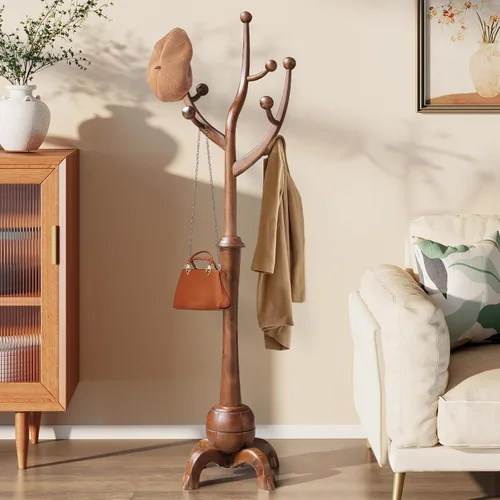 Miniatura 15 de Perchero de Madera Independiente con 8 Ganchos, Soporte para Abrigos de Servicio Pesado con Base Estable, Perchero Vintage de Pie para Entrada