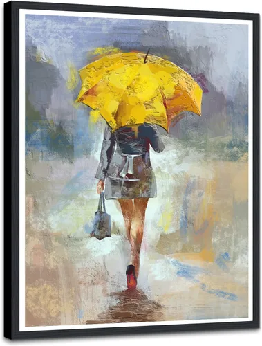 Miniatura 21 de Lienzo abstracto moderno para pared, póster de niña en vestido rojo caminando con paraguas azul, obra de arte para la decoración de pared