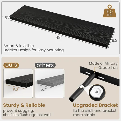 Miniatura 3 de Fun Memories Estantes flotantes de 48 pulgadas en negro, estantes de pared de 9.3 pulgadas de profundidad para baño, sala de estar, dormitorio