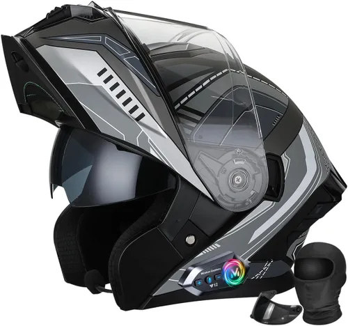 Casco modular de motocicleta Bluetooth aprobado por DOT, abatible de cara completa con doble visera antivaho integrada, forro extraíble lavable para