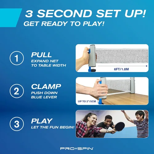 Miniatura 4 de PRO-SPIN Juego de ping pong portátil con red retráctil para cualquier mesa, juego de tenis de mesa todo en uno con paletas de ping pong, pelotas