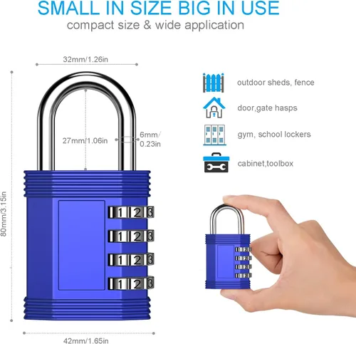 Miniatura 3 de ZHEGE Candado de combinación de 4 dígitos, paquete de 2 candados para gimnasio, escuela, almacenamiento, valla, puerta, gabinete (azul)