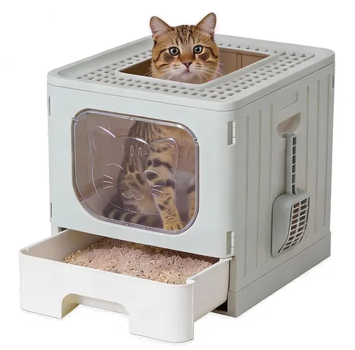 OLIXIS Caja de arena para gatos con tapa, caja grande plegable para gatos con cuchara de arena, caja de arena para gatos con salida superior con