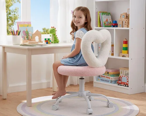 Miniatura 8 de HNY Silla de escritorio para niños con ruedas, bonita silla de tocador peluda con respaldo hueco en forma de corazón ajustable con ruedas