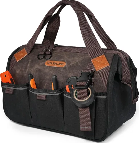 WELKINLAND Bolsa de herramientas para electricistas con 18 bolsillos, bolsas de herramientas para plomeros de 14" de alta resistencia, bolsas de
