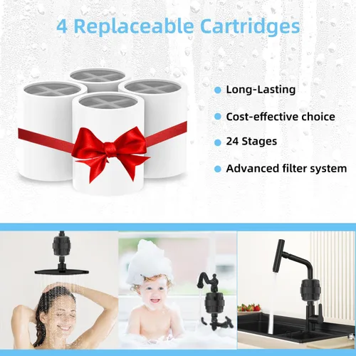 Miniatura 3 de Filtro de ducha negro para agua dura, filtro de ducha de 24 etapas con 4 cartuchos de filtro reemplazables que protege tu piel y cabello del cloro