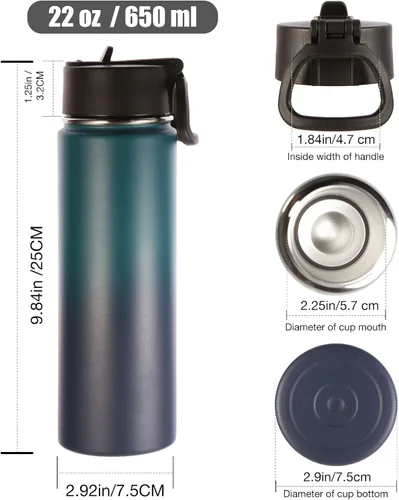 Miniatura 2 de Volhoply Botellas de agua aisladas con popote a granel, paquete de 4, botella deportiva de acero inoxidable de 22 onzas con tapa, vasos de agua