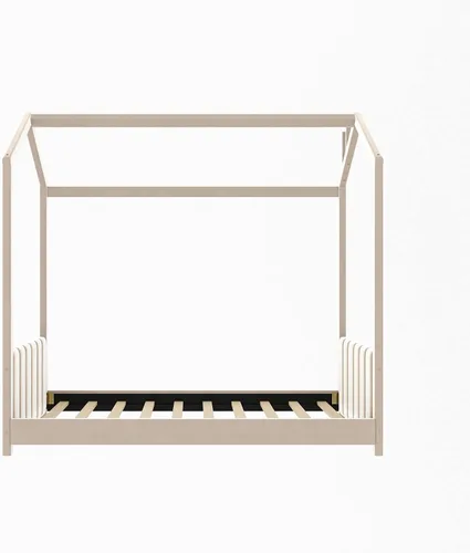 Miniatura 7 de MERITLINE Marco de cama individual para niños, cama Montessori de terciopelo con techo, cama de piso individual de madera para niñas y niños,