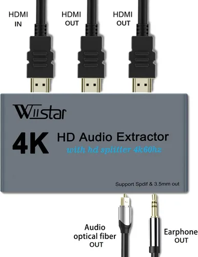 Miniatura 4 de Wiistar Extractor de audio HDMI 4K, divisor HDMI 1x2 4K60Hz con salida de audio óptico + 0.138 in, divisor HD, 1 en 2 salidas, soporte HD 1.4 HDCP