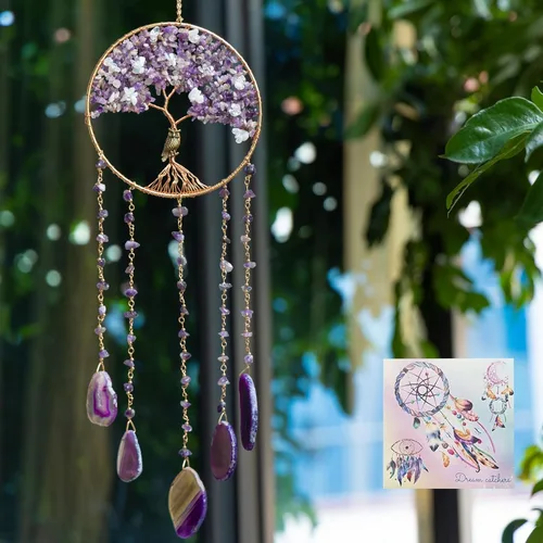 Miniatura 13 de Adorno de Ágata de Piedra de Cristal Gema Natural Árbol de la Vida Luna Atrapasueños con Cristal 7 Chakra Piedras Preciosas Atrapasueños de Arcoíris
