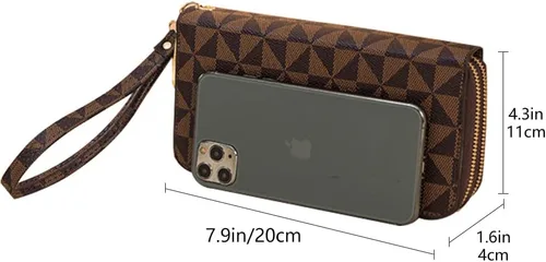Miniatura 20 de Veki Billetera para mujer con doble cremallera y correa para la muñeca, monedero de cuero para tarjetas de crédito para mujeres y hombres, Negro A