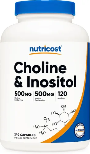Nutricost Suplemento de colina e inositol (1,000 mg) 240 cápsulas - 500 mg de colina, 500 mg de inositol, sin OMG, sin gluten, 120 porciones
