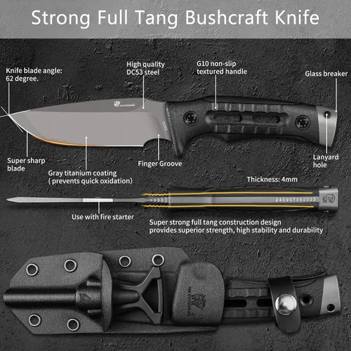 Miniatura 4 de HX OUTDOORS Cuchillo de Hoja Fija para Acampar con Iniciador de Fuego, Cuchillo de Supervivencia Bushcraft de Acero DC53 Premium con Espiga Completa
