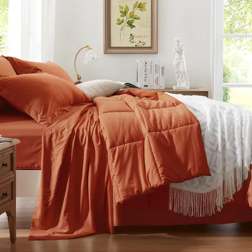 Miniatura 2 de Anluoer - Juego de cama tamaño Full en una bolsa, 7 piezas, juego de edredón color naranja quemado con sábanas, juego de ropa de cama para todas