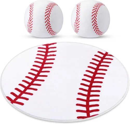 Nuanchu 3 almohadas de felpa de béisbol y alfombra de béisbol para decoración de la habitación de los niños, mullidas y suaves, cojines deportivos,
