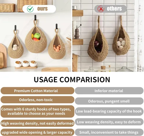 Miniatura 3 de Canastas colgantes de frutas boho para pared de cocina, paquete de 3, contenedor tejido para productos con 6 piezas de ganchos fuertes, cesta de lino