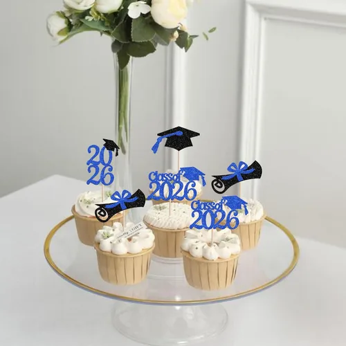 Miniatura 6 de Rsstarxi Paquete de 24 adornos para cupcakes de graduación 2026, con purpurina azul, para la clase de 2026, para diplomas, 24 piezas (6 diseños)