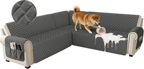 Miniatura 19 de Fundas impermeables para sofá seccional de esquina en forma de L, de terciopelo, juego de 6 piezas, funda en forma de U para sofá, para perros