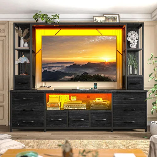 Miniatura 6 de EnHomee Soporte de TV de 65 pulgadas para sala de estar, gran centro de entretenimiento con 11 cajones de tela, 2 luces LED y tomas de corriente