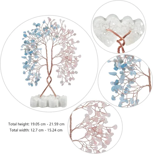 Miniatura 4 de SUNYIK Árbol de dinero de cuarzo rosa y aguamarina con base de cuarzo de roca de doble corazón, hecho a mano, envuelto en alambre, árbol de la vida