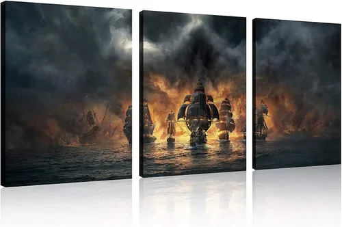 Miniatura 37 de TutuBeer 3 Piezas Arte de Pared Batalla Naval Barco Imagen Barco Pirata Velero Póster Barco Pirata Azul en Llamas Imagen Impresa en Lienzo Póster