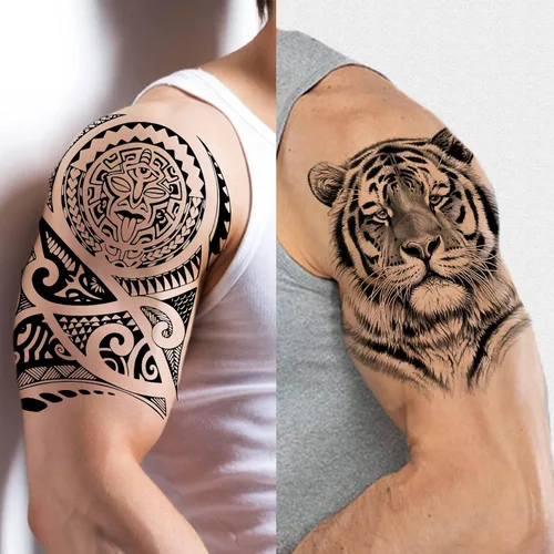 Miniatura 4 de 49 hojas de tatuajes temporales tribales negros para mujeres, hombres, adultos, brazo, cuerpo, de larga duración, lobo maorí, tigre, león, guerrero