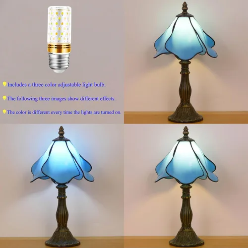 Miniatura 4 de Lámpara Tiffany Pequeña Mini Lámpara de Mesa de Vidrio Teñido Lámpara de Acento de Mesita de Noche Memoria Simpatía 8X14.5 Pulgadas (Azul)