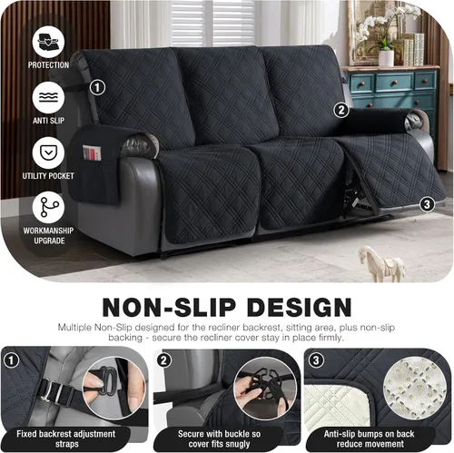 Miniatura 4 de TAOCOCO Funda impermeable 100% impermeable para sofá reclinable de 3 asientos, funda de sofá reclinable dividida de 3 piezas con correas, funda Negro