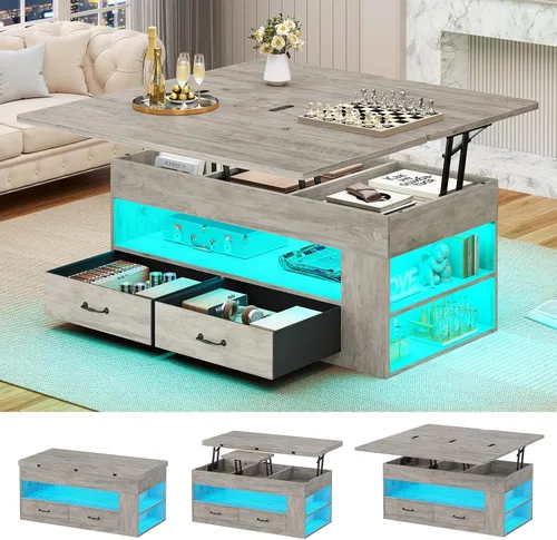 Miniatura 10 de Itaar - Mesa auxiliar con tapa elevable, mesa de centro 4 en 1 con almacenamiento y compartimento oculto, mesa de centro de estilo granja con 2